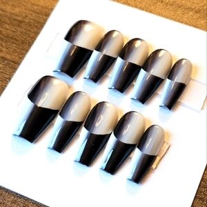 *handmade* black and white grey cat eye white long coffin press on Nails ombre